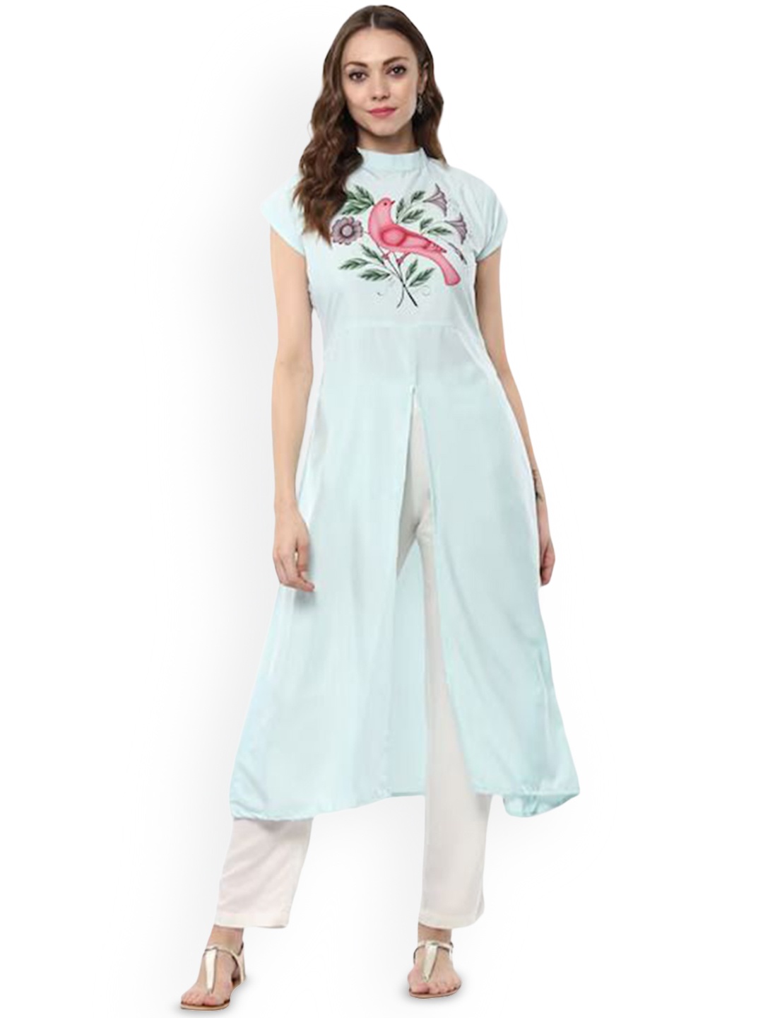 

ZIYAA Blue Floral Printed High Neck Cap Sleeves A-Line Kurta