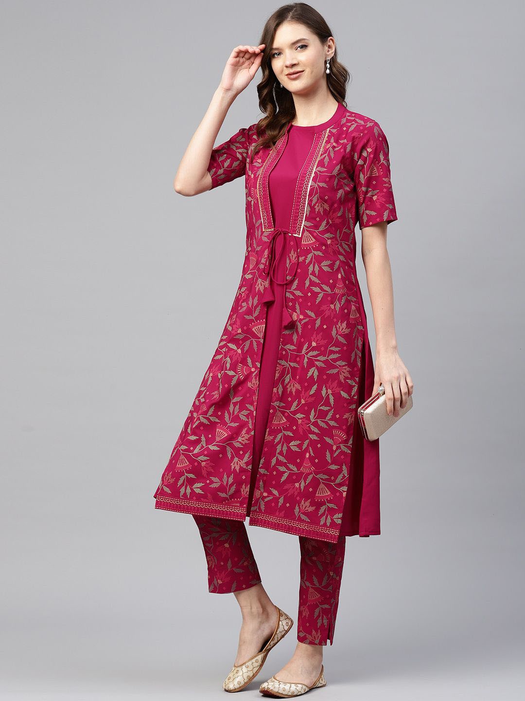 

ZIYAA Pink Floral Printed Round Neck Gotta Patti Layered A-Line Kurta