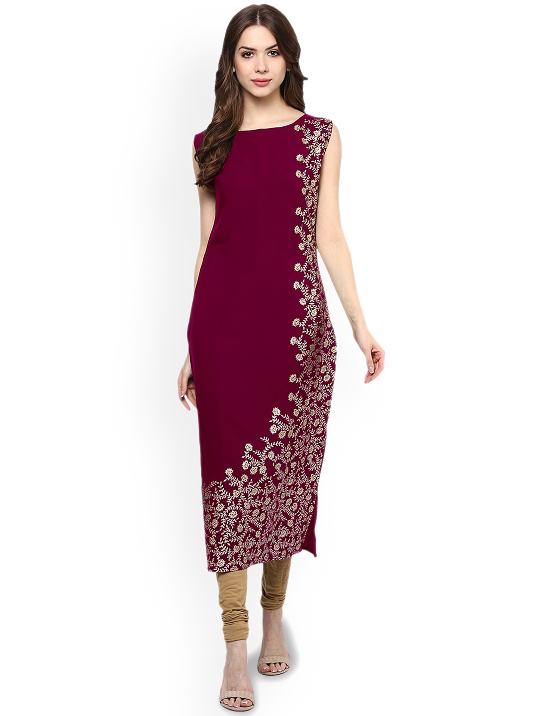 ZIYAA Pink Floral Printed Boat Neck Straight Kurta