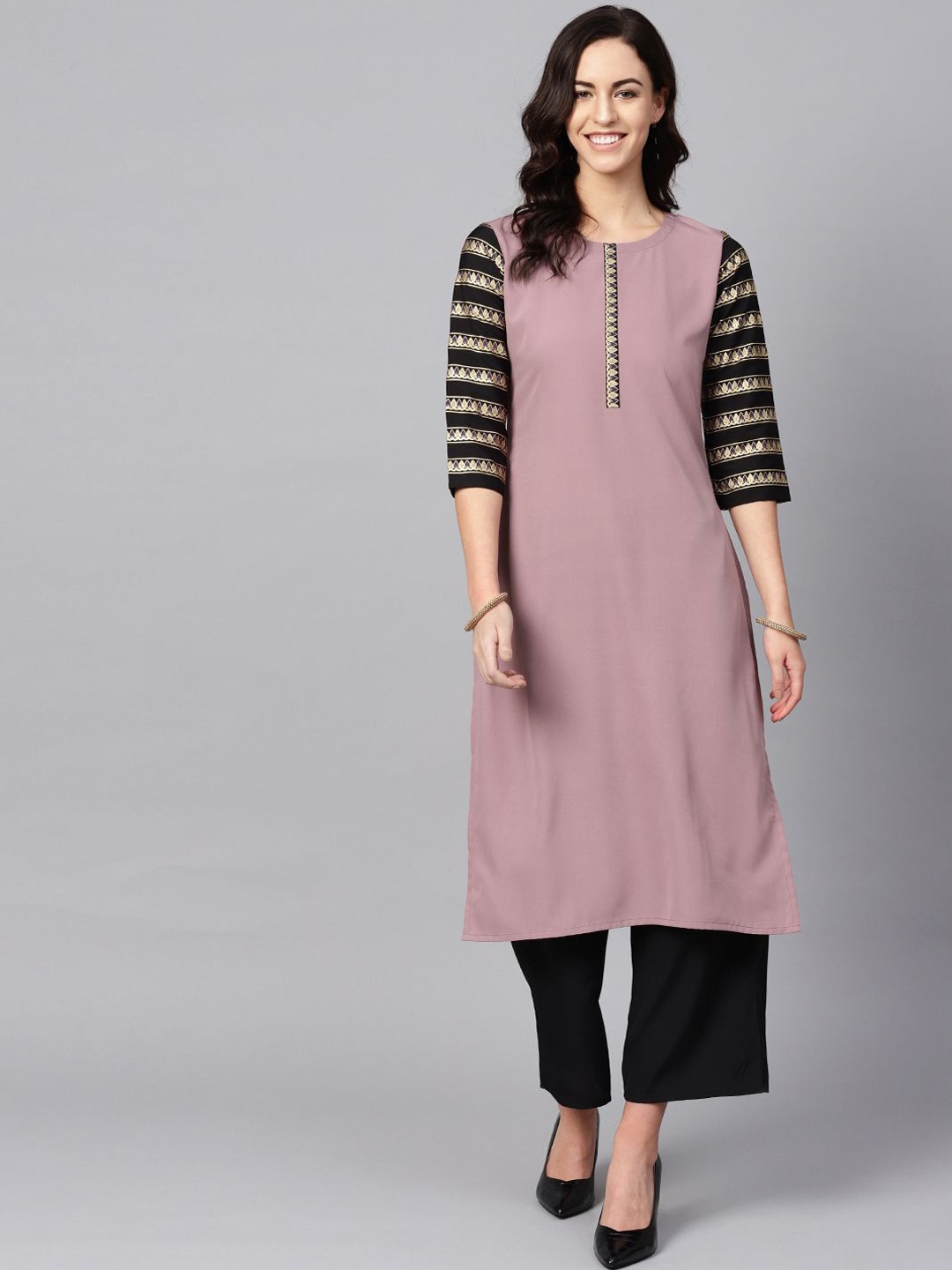 

ZIYAA Purple Round Neck Three-Quarter Sleeves Straight Kurta