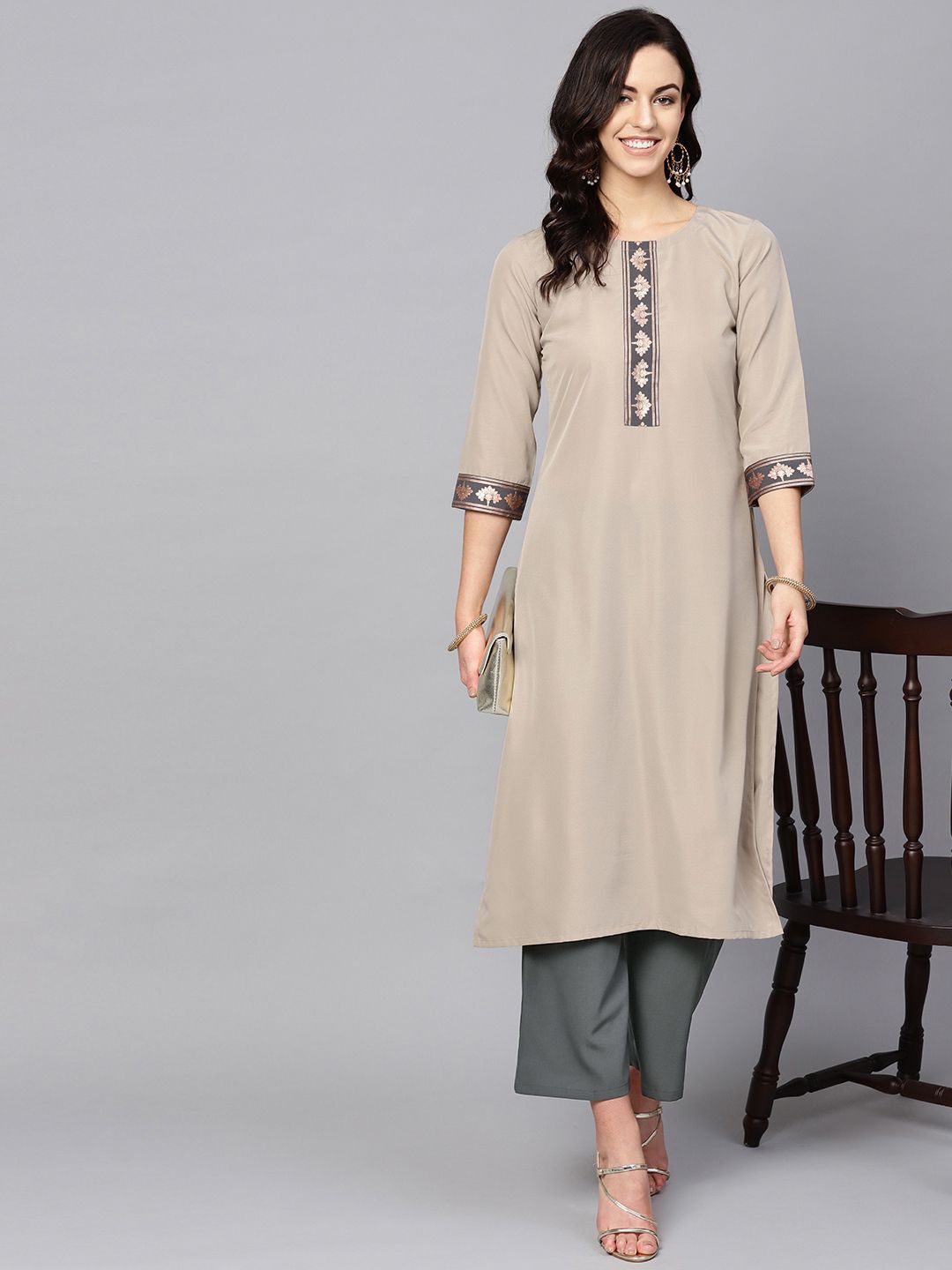 

ZIYAA Beige Round Neck Three-Quarter Sleeves Straight Kurta