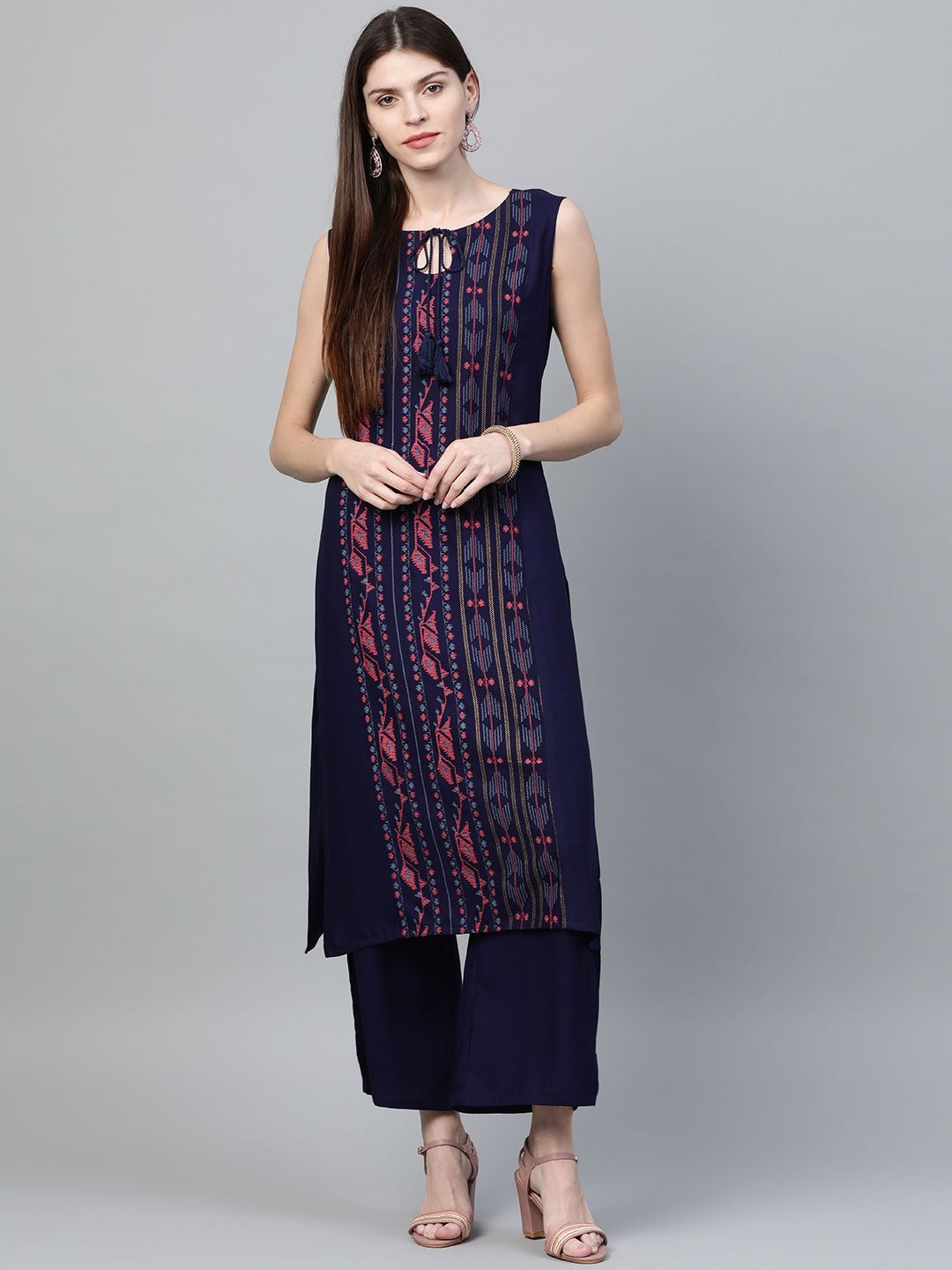 

ZIYAA Navy Blue Abstract Printed Keyhole Neck Straight Kurta