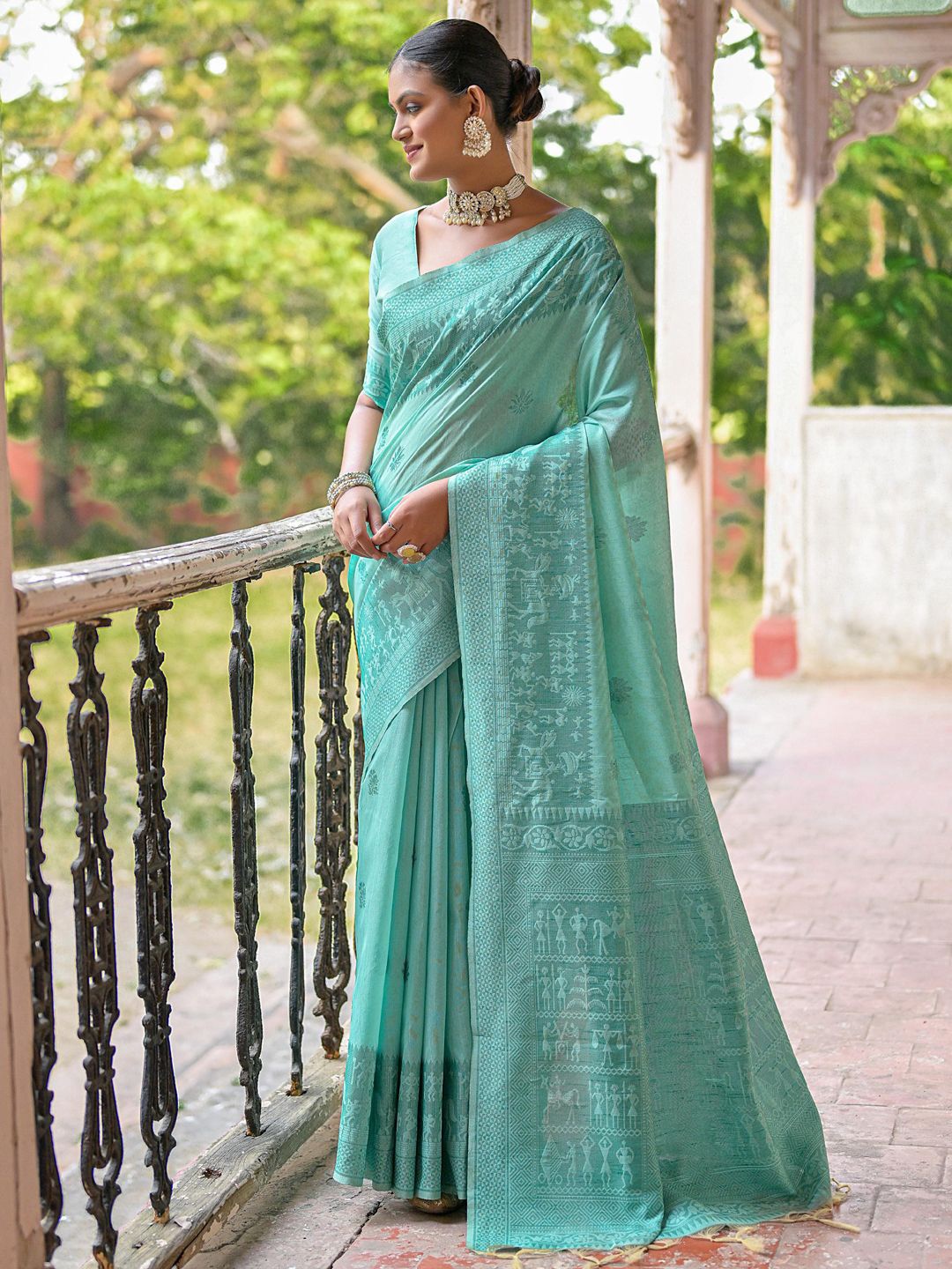 

Mitera Embroidered Woven Design Saree, Sea green