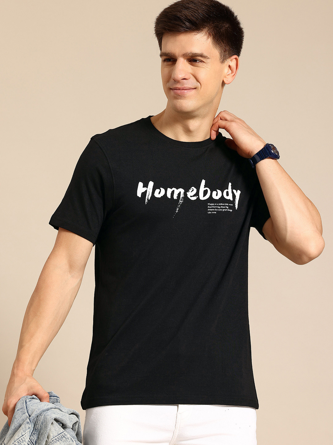 

Mast & Harbour Men Typography Printed Pure Cotton Bio Finish T-shirt, Black