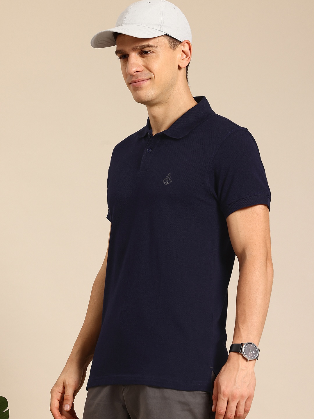 

Mast & Harbour Men Polo Collar Pure Cotton Bio Finish T-shirt, Navy blue