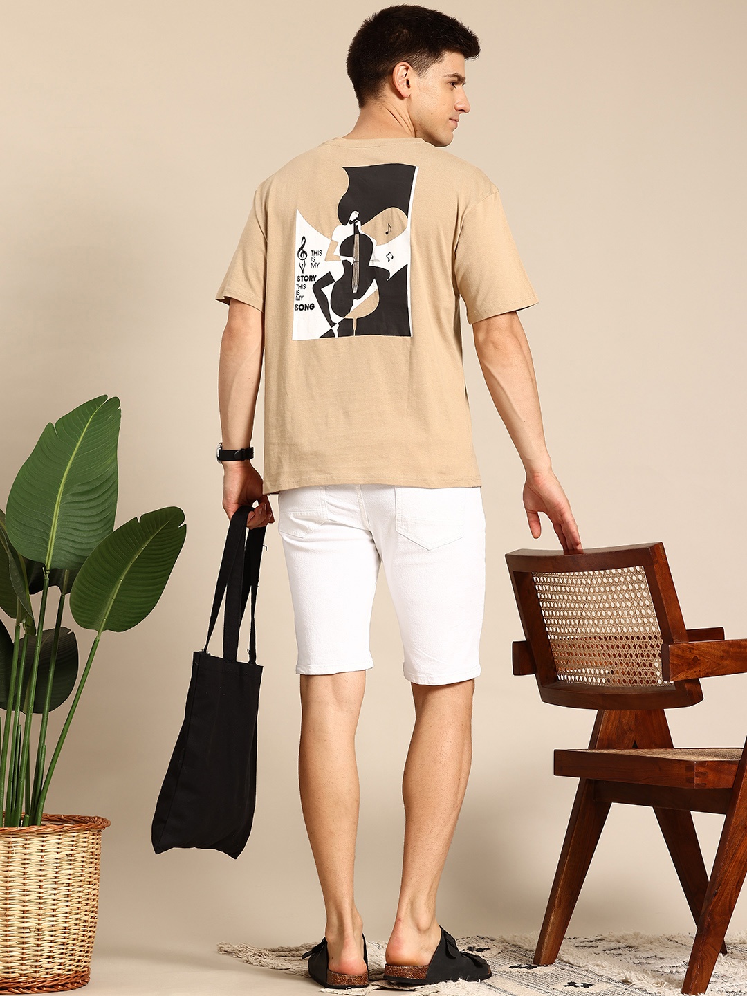 

Mast & Harbour Men Printed Drop-Shoulder Sleeves Pure Cotton Bio Finish T-shirt, Beige
