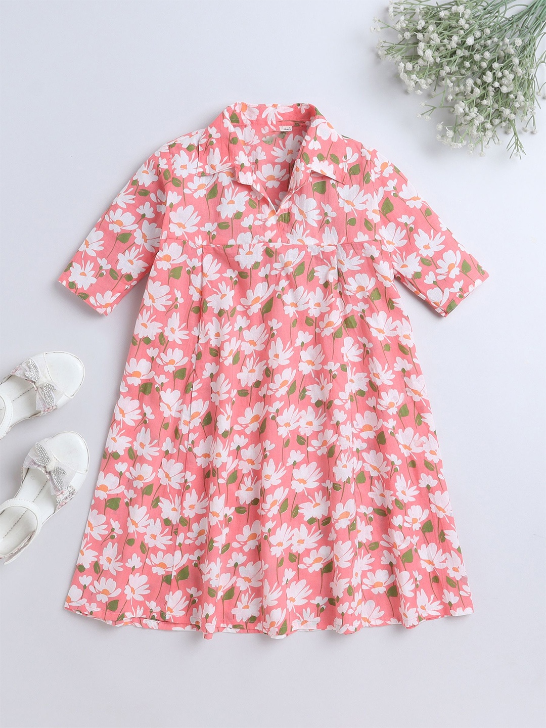 

The Magic Wand Pure Cotton Floral Print Shirt Collar A-Line Dress, Peach