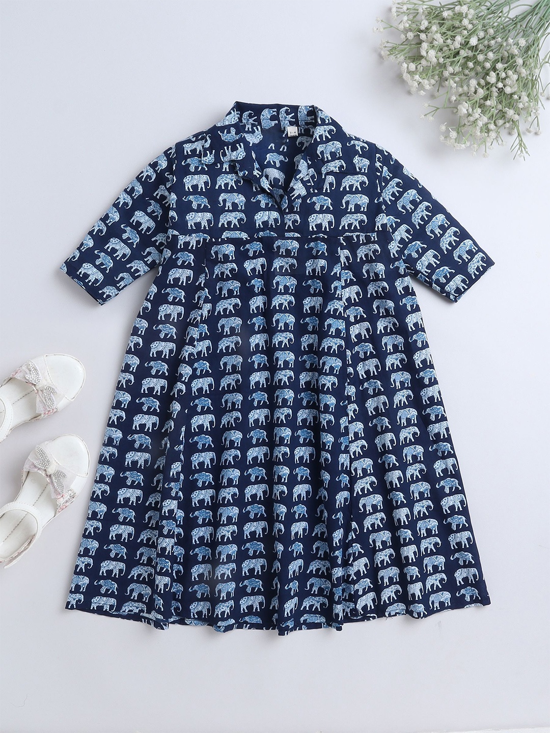

The Magic Wand Pure Cotton Printed A-Line Dress, Navy blue
