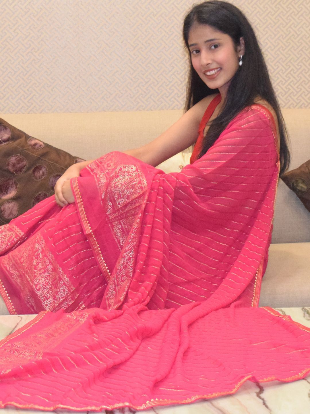 

PRETTY PALLU Leheriya Embroidered Saree, Pink