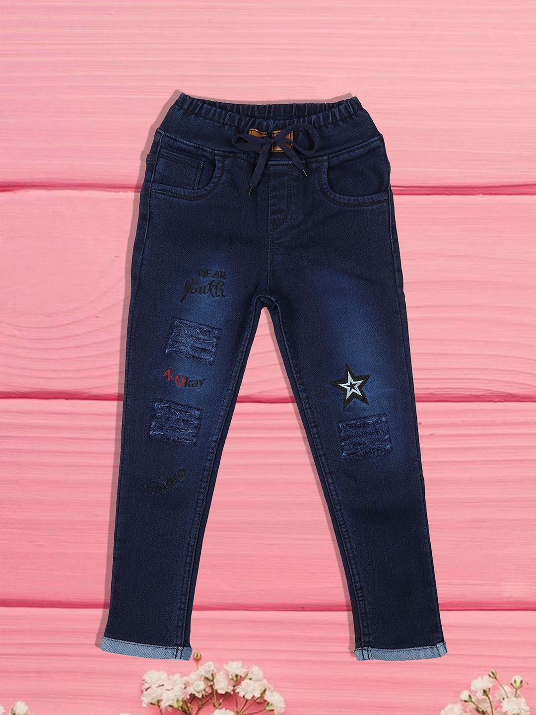 

A-Okay Boys Slim Fit High-Rise Slash Knee Light Fade Embroidered Jeans, Blue
