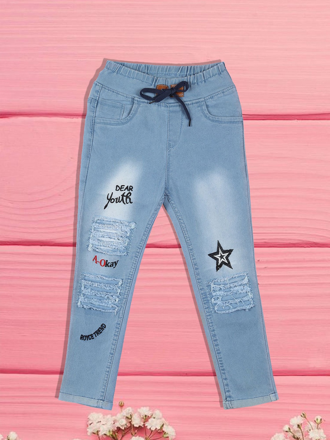 

A-Okay Boys Slim Fit High-Rise Mildly Distressed Light Fade Embroidered Jeans, Blue
