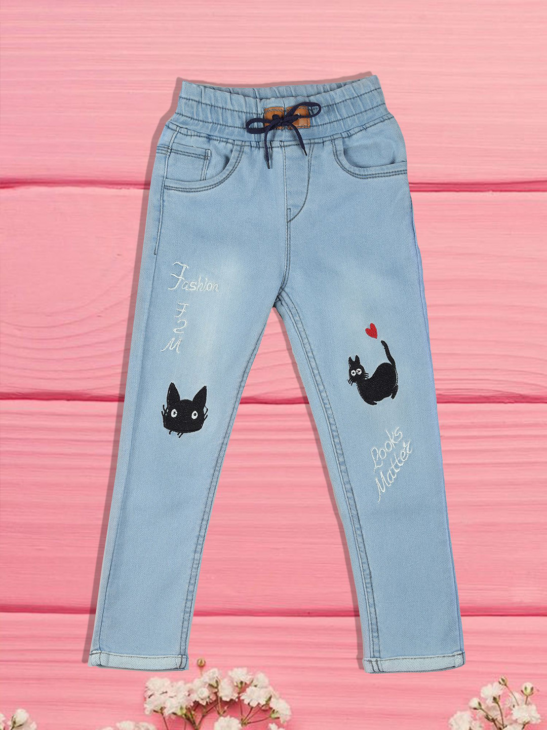 

A-Okay Boys Slim Fit High-Rise Low Distress Light Fade Embroidered Jeans, Blue