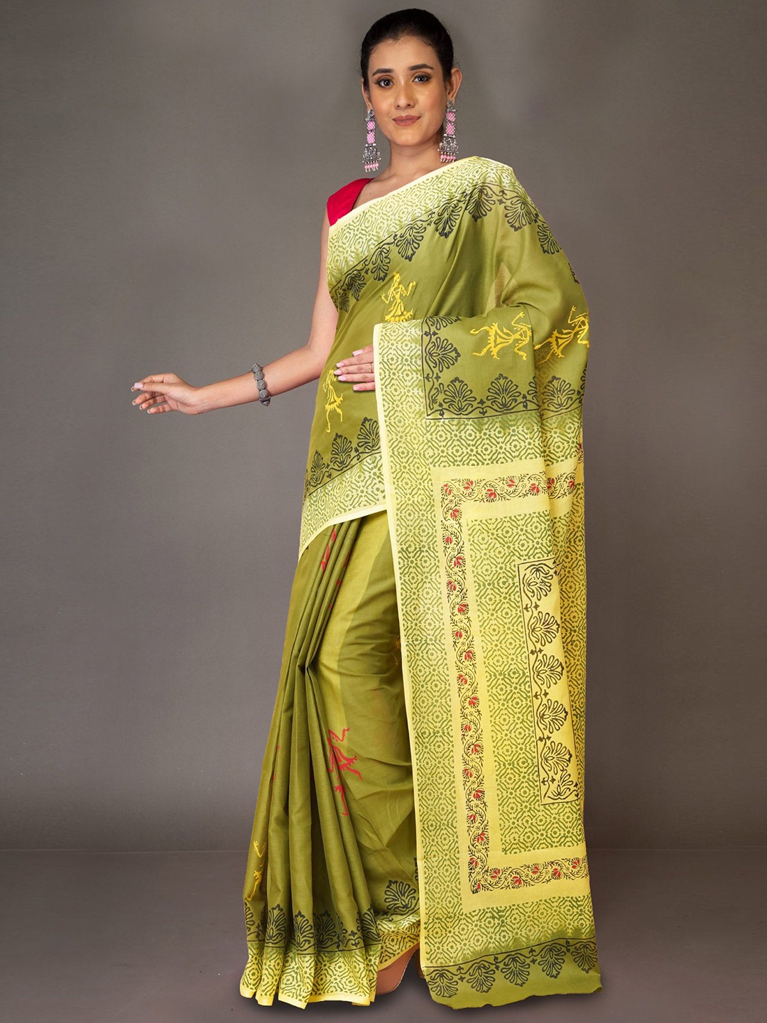 

Unnati Silks Ethnic Motifs Pure Cotton Handloom Block Print Saree, Green