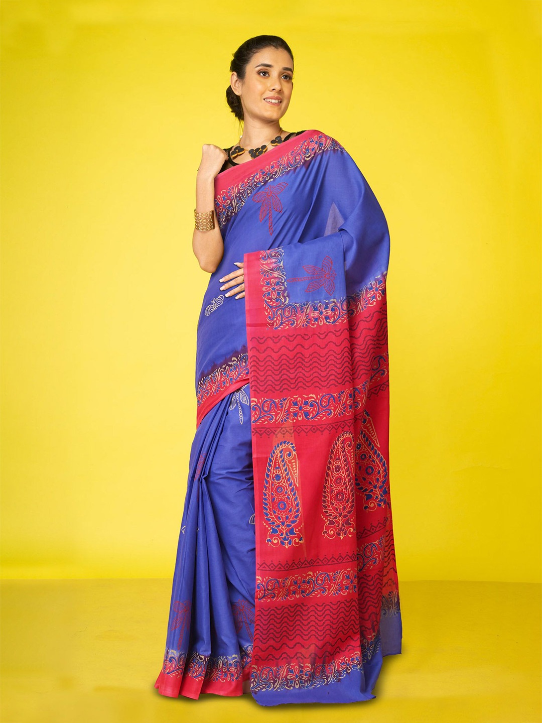 

Unnati Silks Ethnic Motifs Pure Cotton Handloom Block Print Saree, Blue