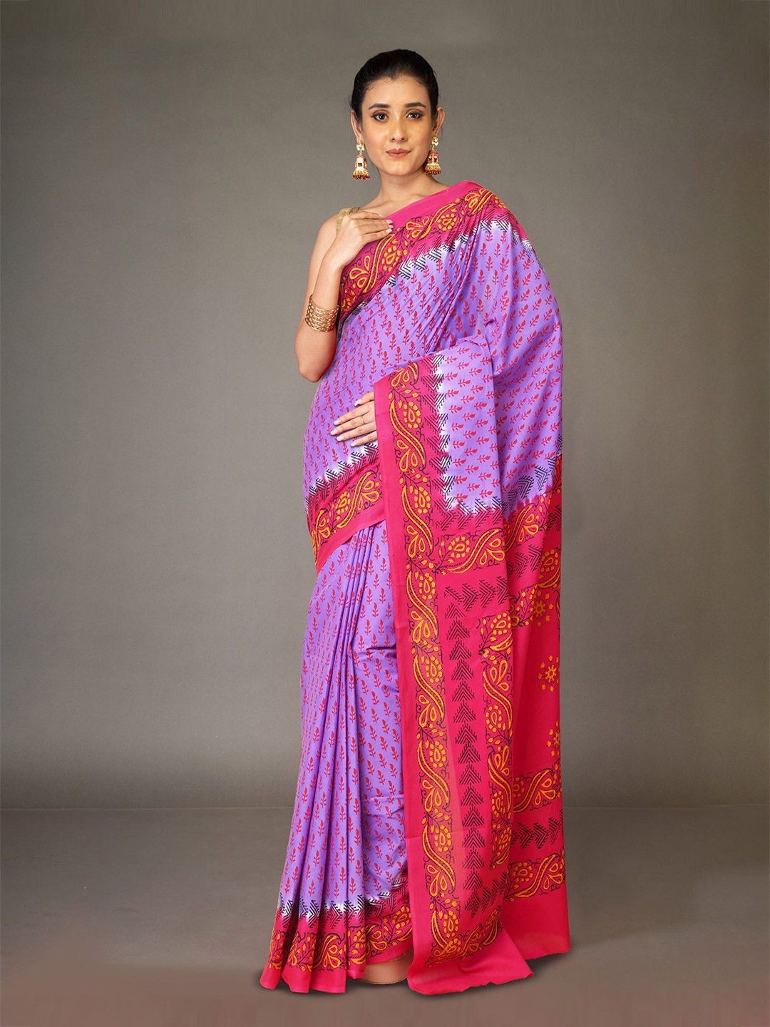 

Unnati Silks Ethnic Motifs Pure Cotton Handloom Block Print Saree, Lavender