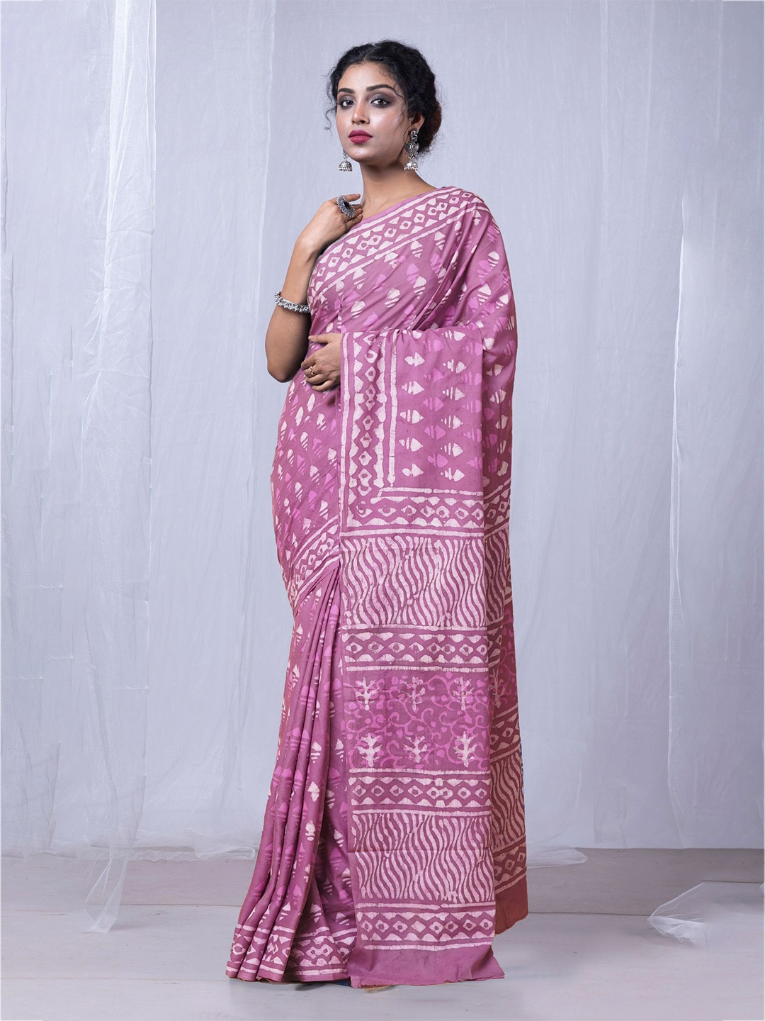 

Unnati Silks Ethnic Motifs Pure Cotton Handloom Dabu Saree, Pink