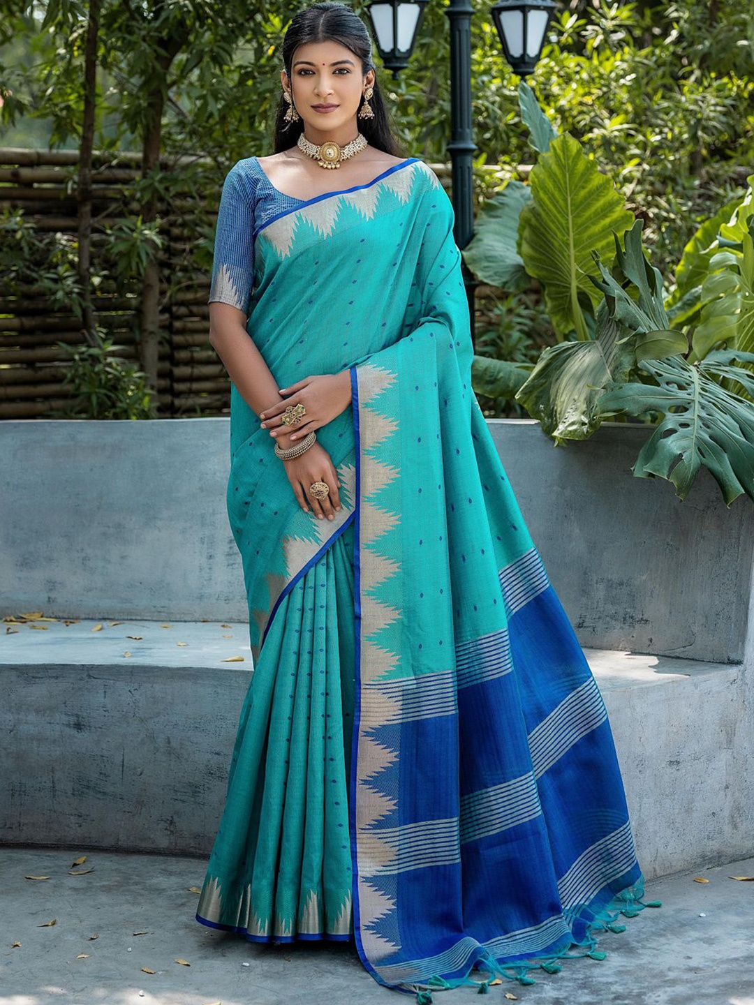 

Mitera Woven Design Ethnic Motifs Zari Tussar Saree, Turquoise blue
