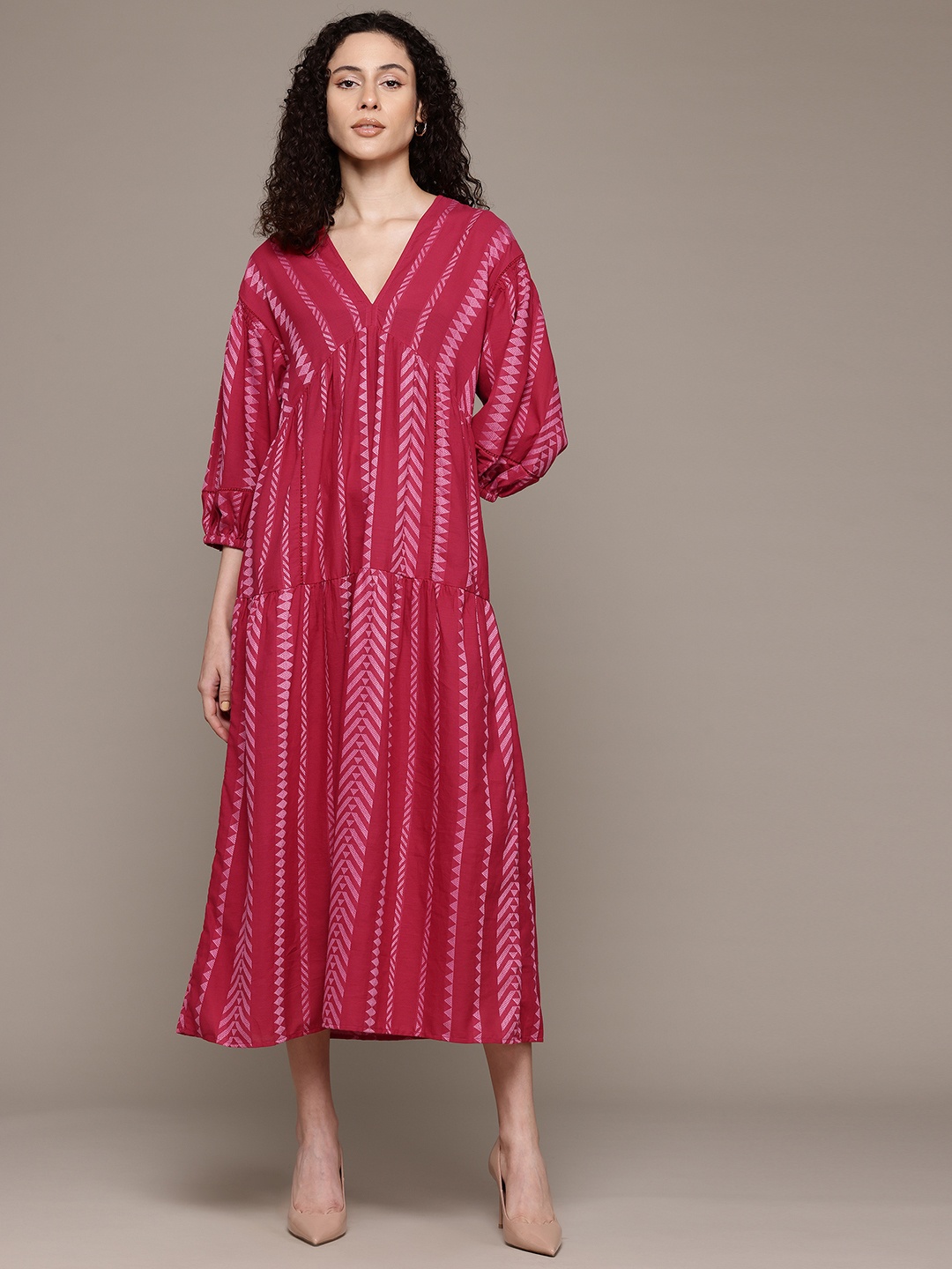 

MANGO Printed Tiered A-Line Midi Dress, Red