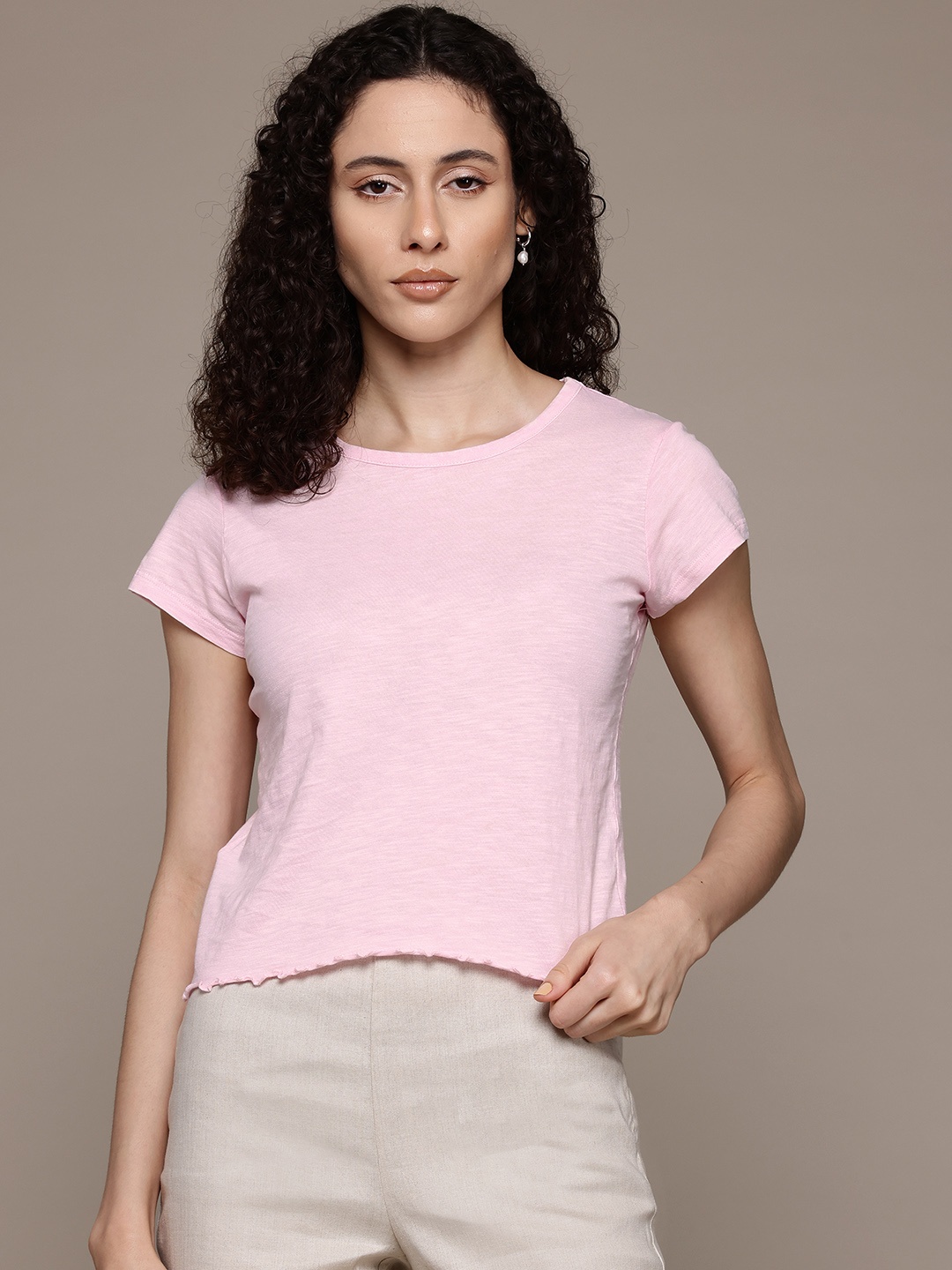 

MANGO Lettuce Hem Pure Cotton T-shirt, Pink