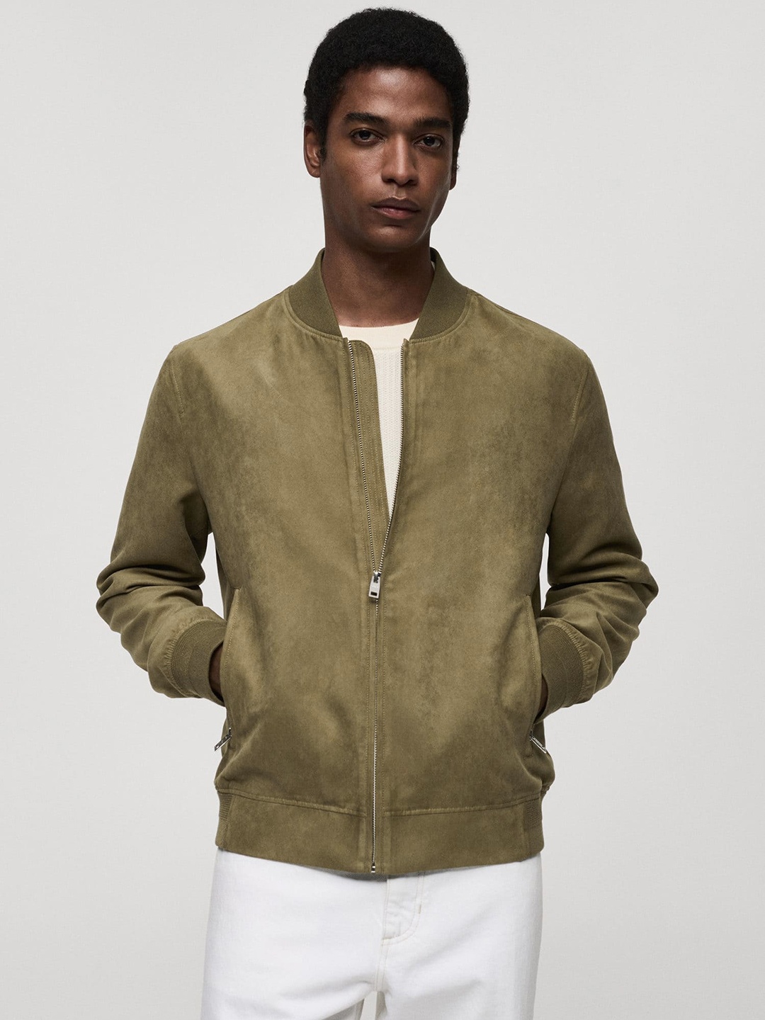 

MANGO MAN Suede Finish Bomber Jacket, Khaki