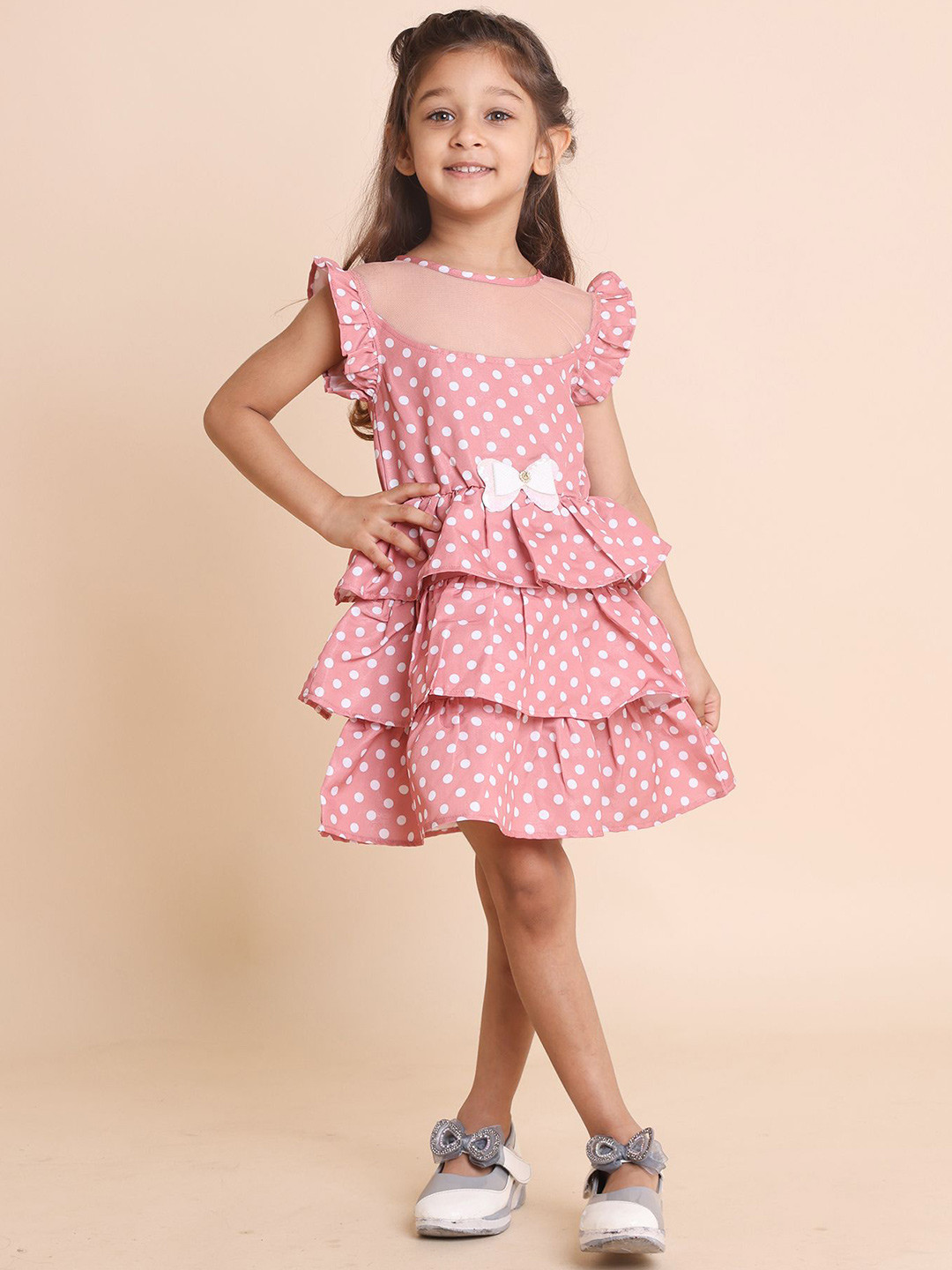 

House of Spades Polka Dot Print Flutter Sleeves Fit & Flare Dress, Brown