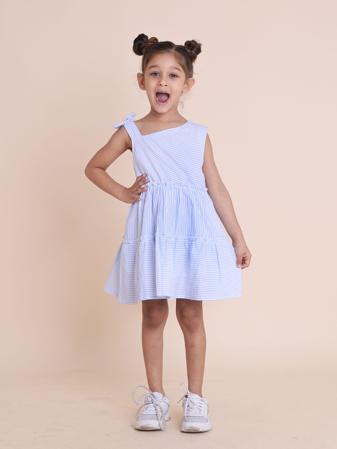 

House of Spades Striped Asymmetric Neck Fit & Flare Dress, Blue