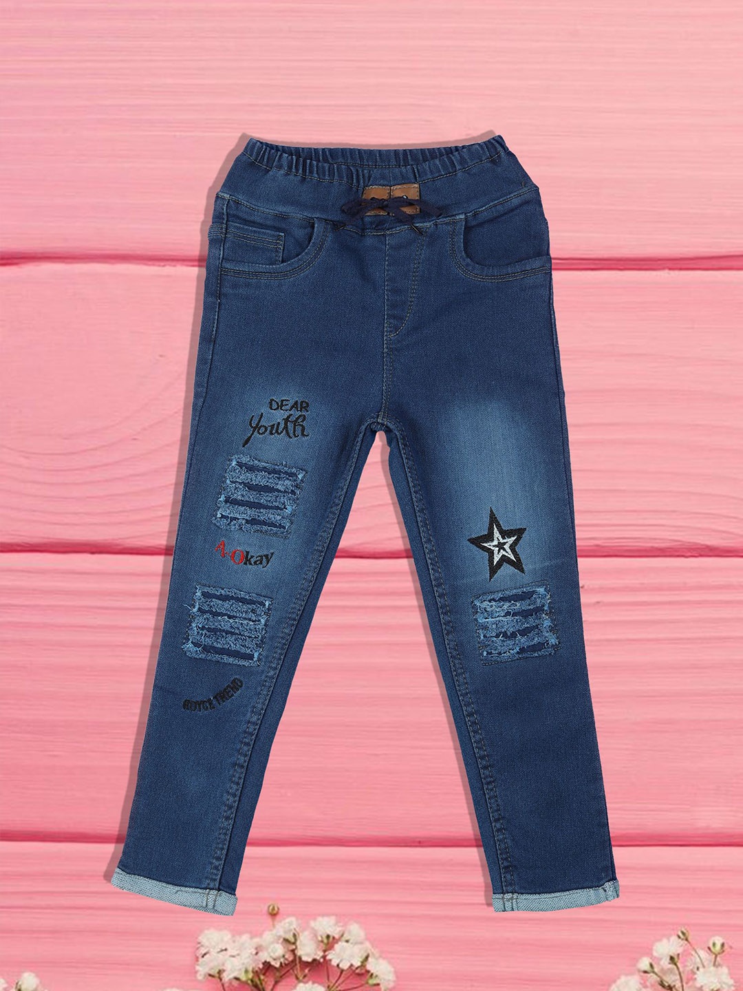 

A-Okay Unisex Kids Jogger High-Rise Low Distress Embroidered Stretchable Jeans, Blue
