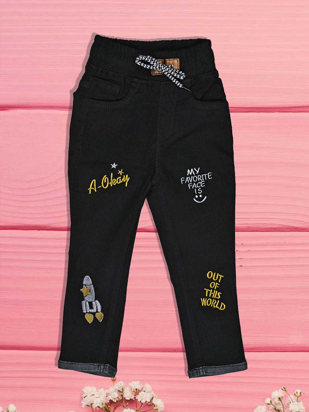 

A-Okay Unisex Kids Jogger High-Rise Embroidered Stretchable Jeans, Black