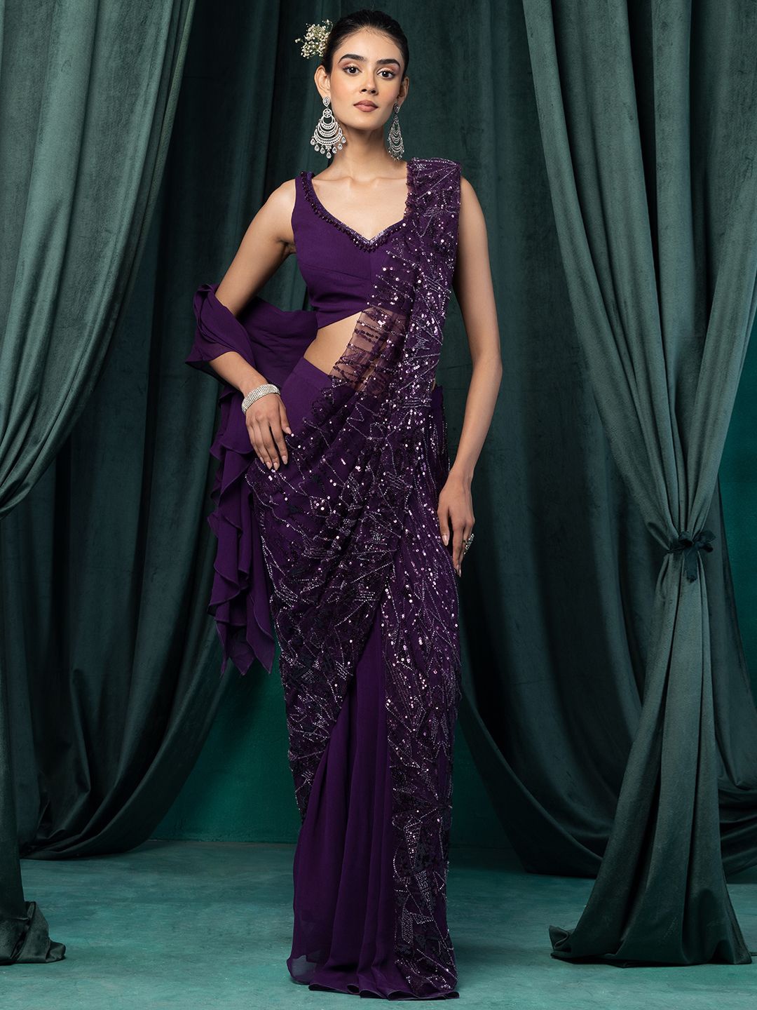 

Indya Luxe Embellished Sequin Ready to Wear Saree, Purple