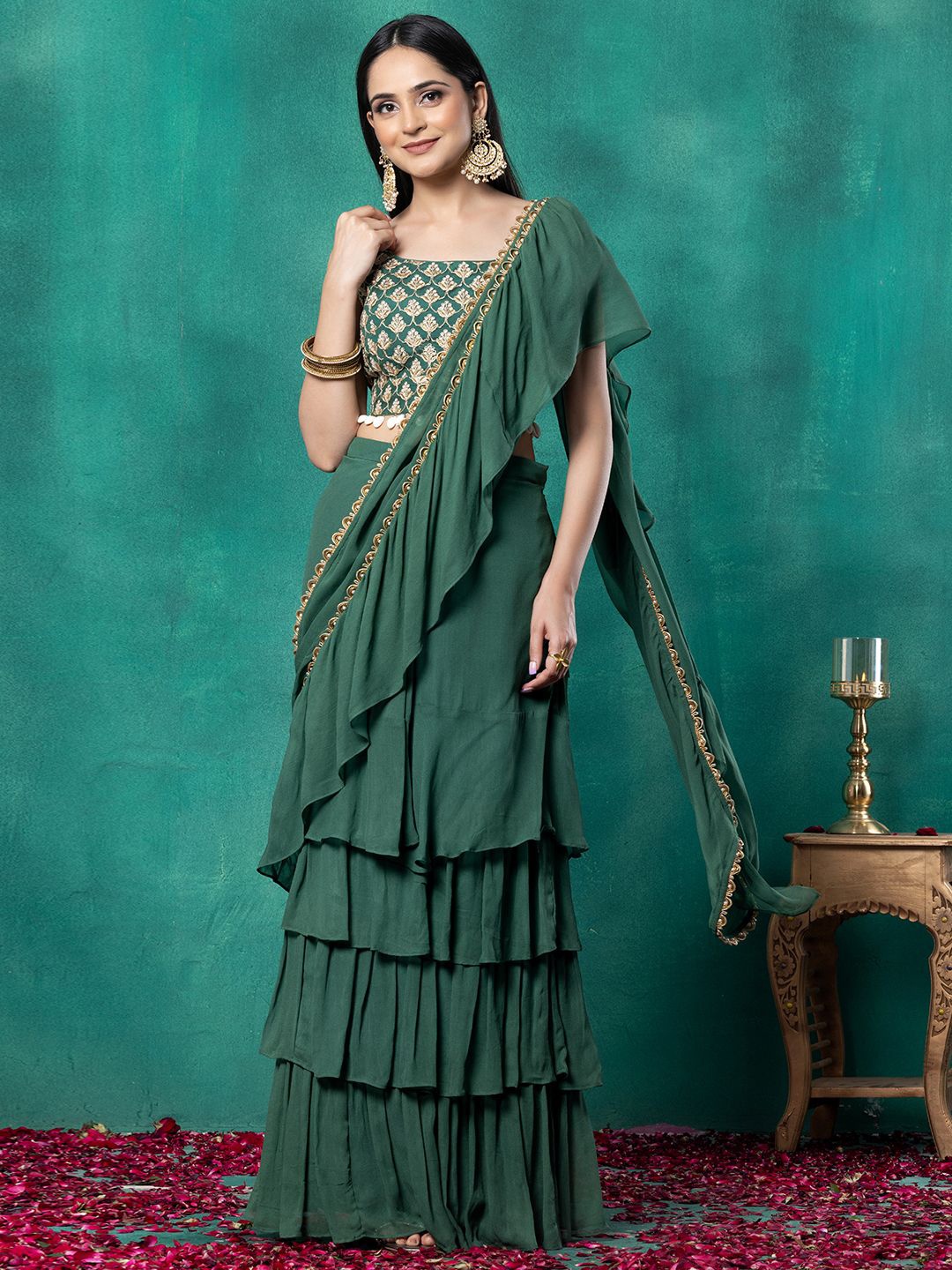 

Indya Luxe Beads and Stones Ruffled Ready to Wear Saree, Green