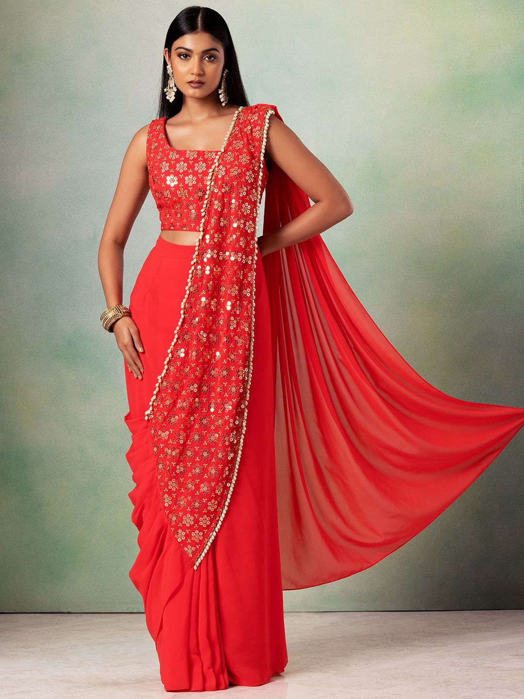 

Indya Luxe Embellished Sequinned Ready to Wear Saree, Red