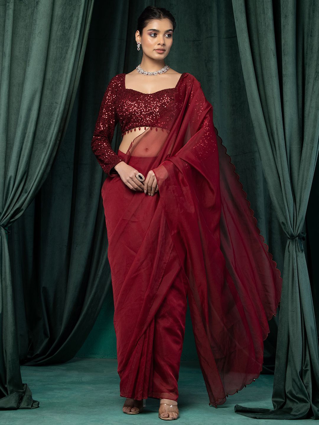 

Indya Luxe Solid Ready to Wear Saree with Stitched Blouse, Maroon