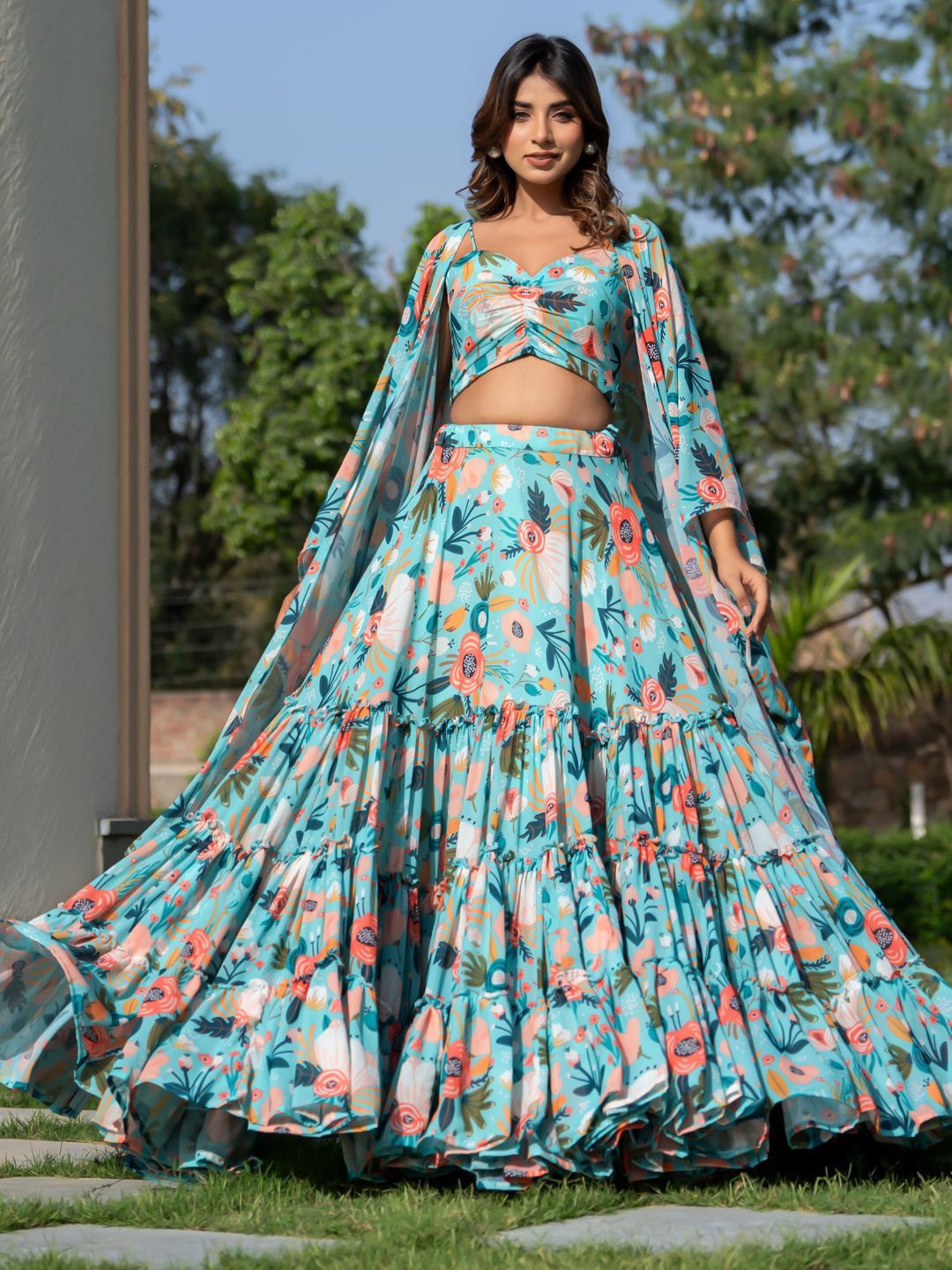 

HOUSE OF JAMOTI Farida Floral Printed Ready to Wear Lehenga With Blouse & Shrug, Blue