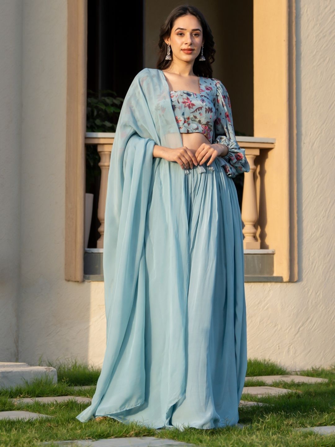 

HOUSE OF JAMOTI Arabica Floral Printed Top & Palazzo With Dupatta, Blue