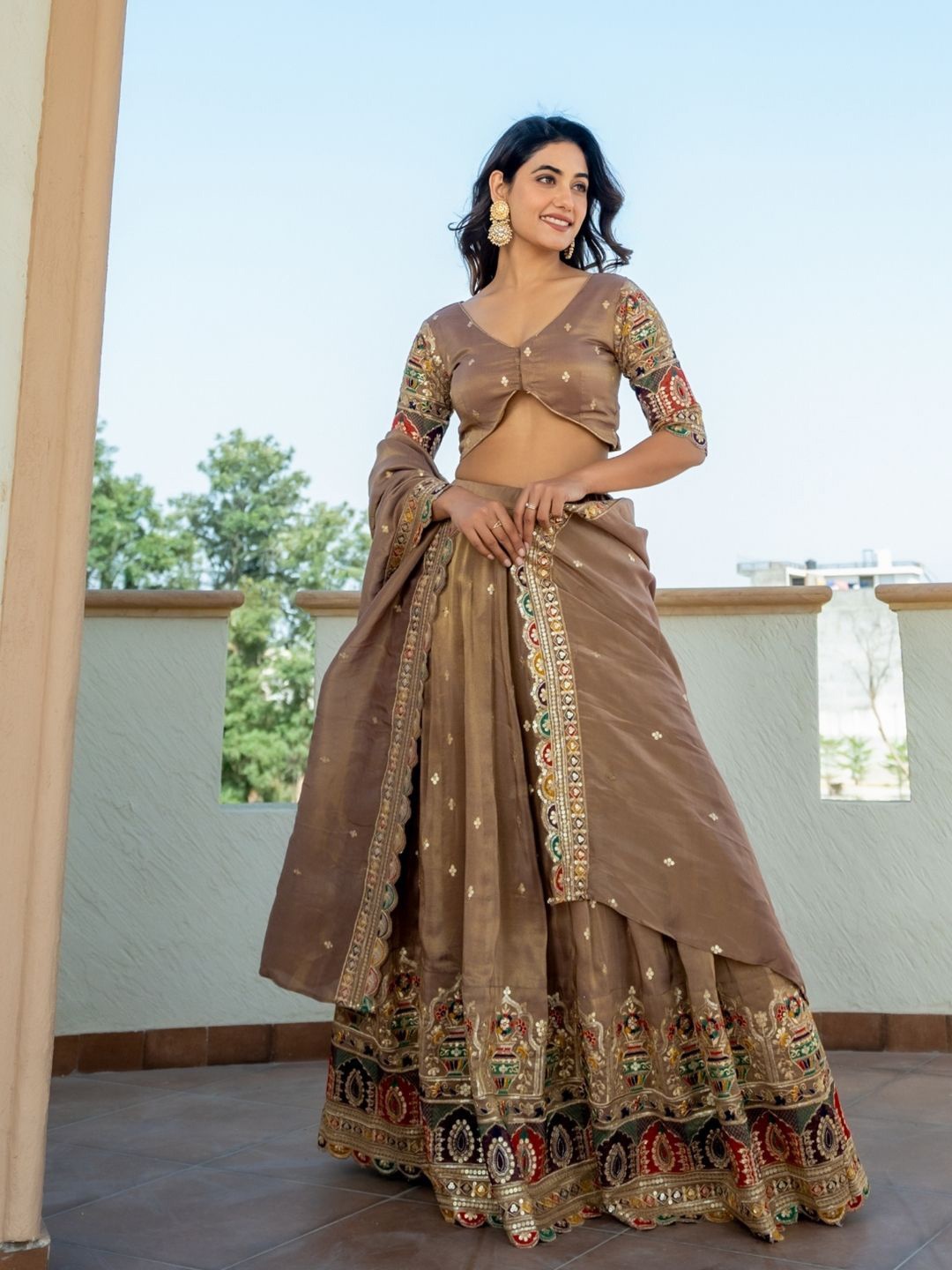 

HOUSE OF JAMOTI Jodha Embroidered Sequinned Ready to Wear Lehenga & Blouse With Dupatta, Beige