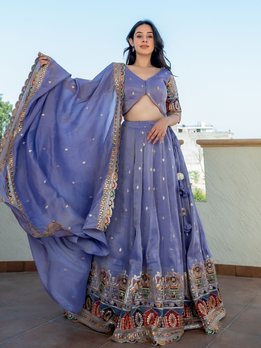 

HOUSE OF JAMOTI Embroidered Sequinned Ready to Wear Lehenga & Blouse With Dupatta, Purple