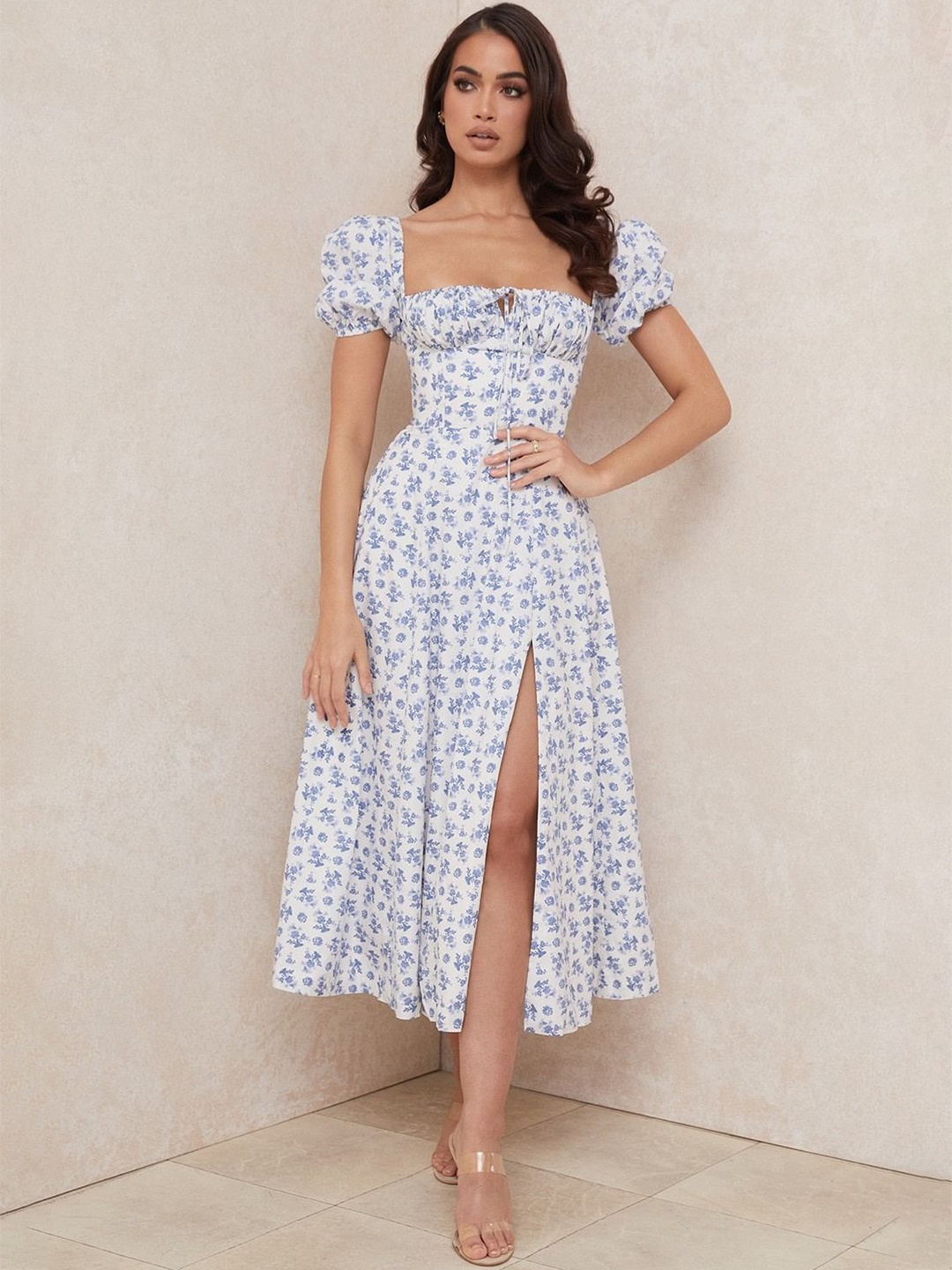 

MIAKEE Floral Print Puff Sleeve Fit & Flare Midi Dress, Blue