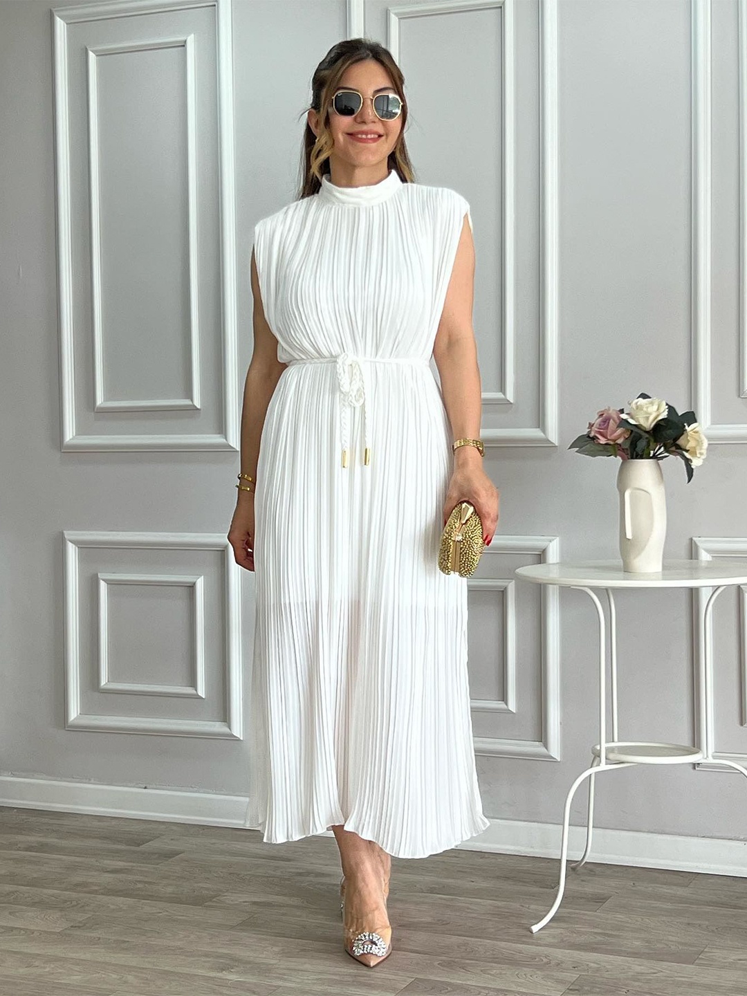 

MIAKEE Striped Mock Neck Maxi Dress, White