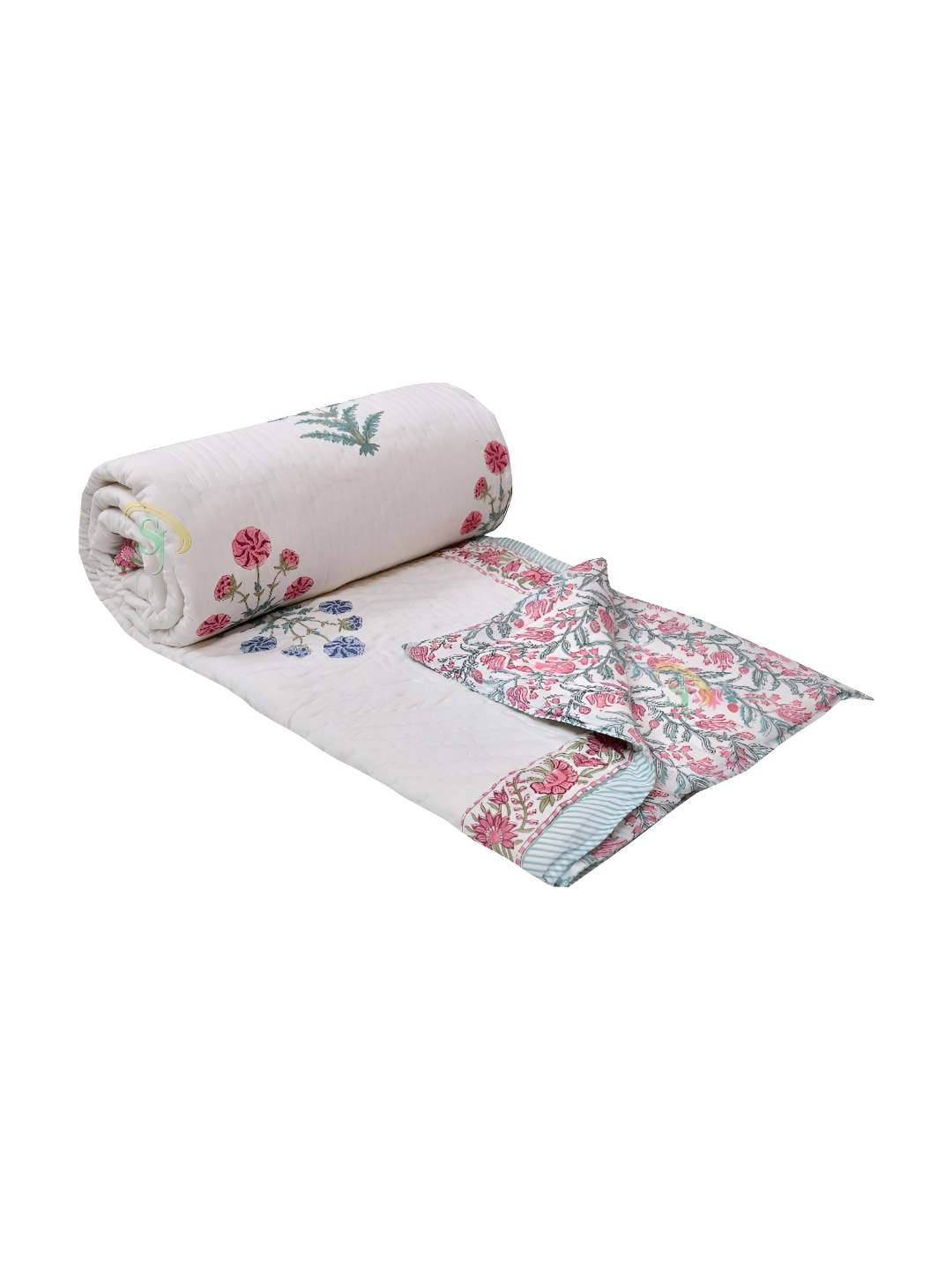 

SJ ART & CRAFTS White & Pink Floral Printed Mild Winter 120 GSM Cotton Double Bed Quilt