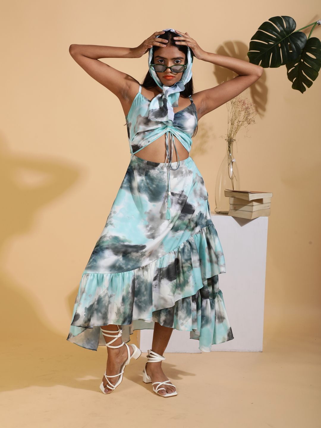 

Ranng Women Satin Tie Dye Print Sleeveless A-Line Midi Dress, Blue