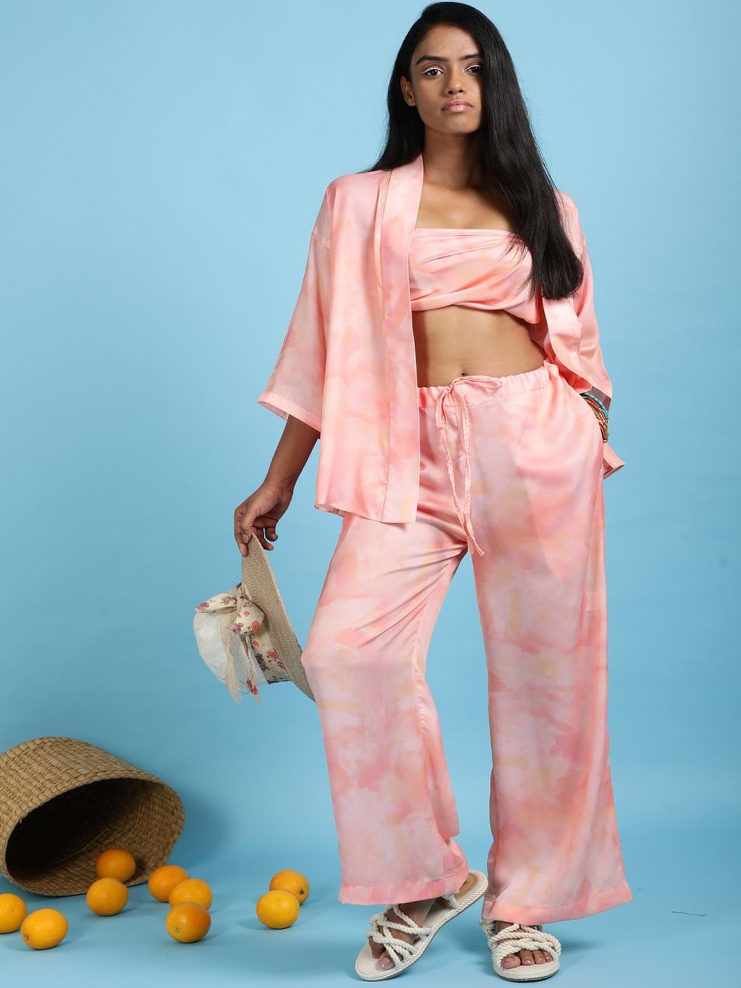 

Ranng Dyed Three Quarter Sleeve Shrug & Top With Trouser, Pink