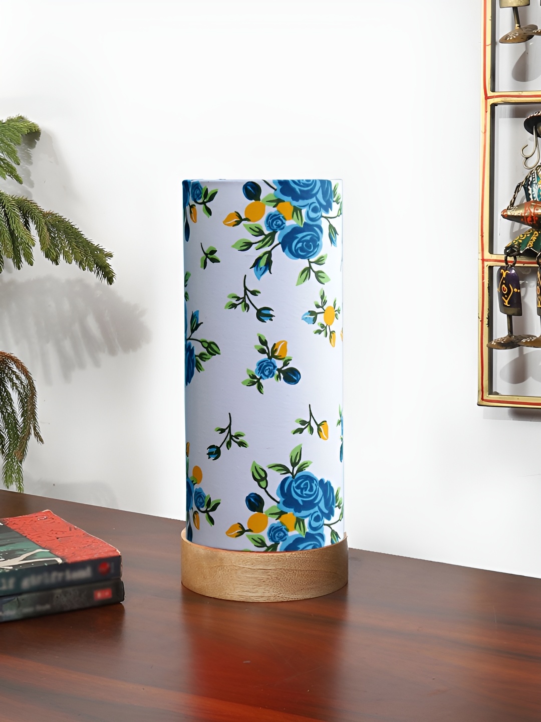 Devansh White Printed Wooden Cylindrical Shaped Table Lamp