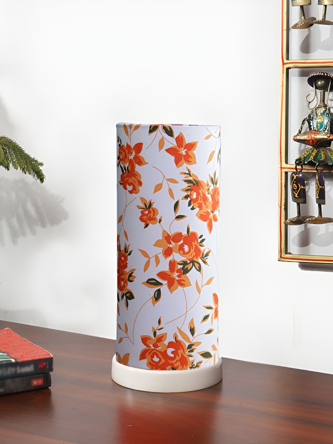 Devansh White Printed Wooden Contemporary Cylindrical Shaped Table Lamp
