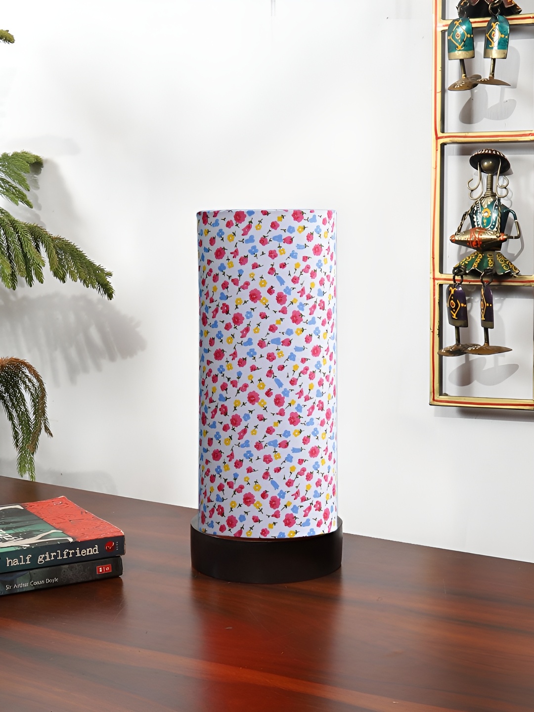 Devansh White Printed Wooden Contemporary Cylindrical Shaped Table Lamp