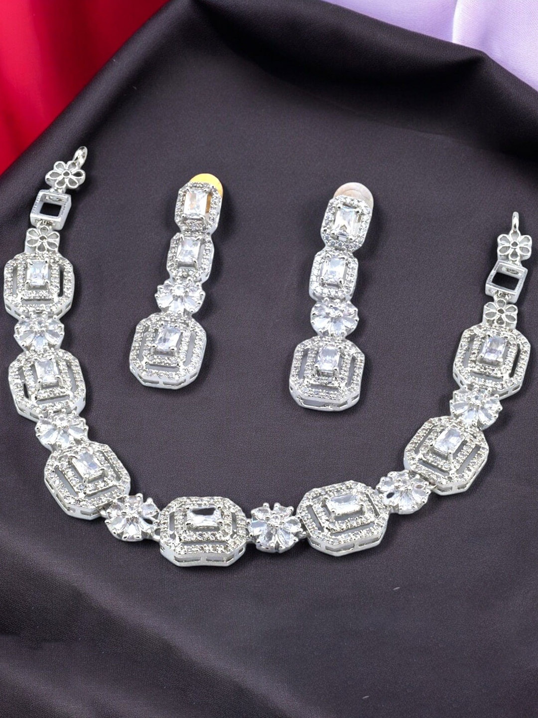 

The Pari Rhodium-Plated Stone-Studded Jewellery Set, Silver