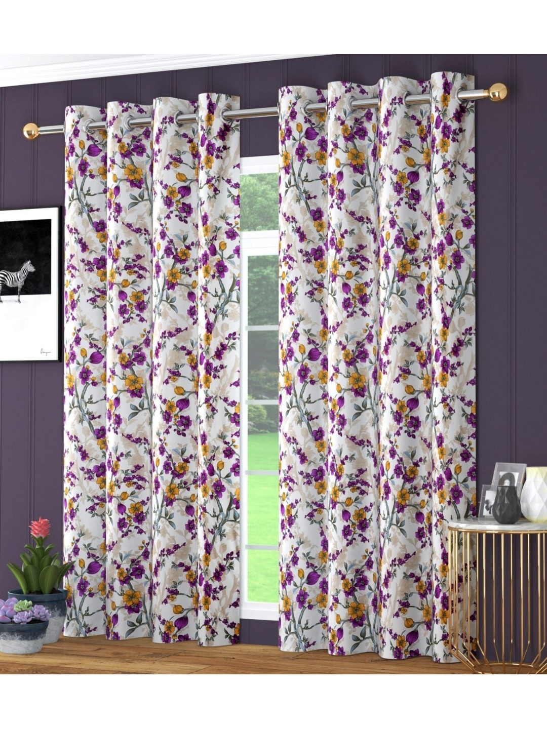 

RIDHAAN Purple & White 2 Pieces Floral Room Darkening Long Door Curtain