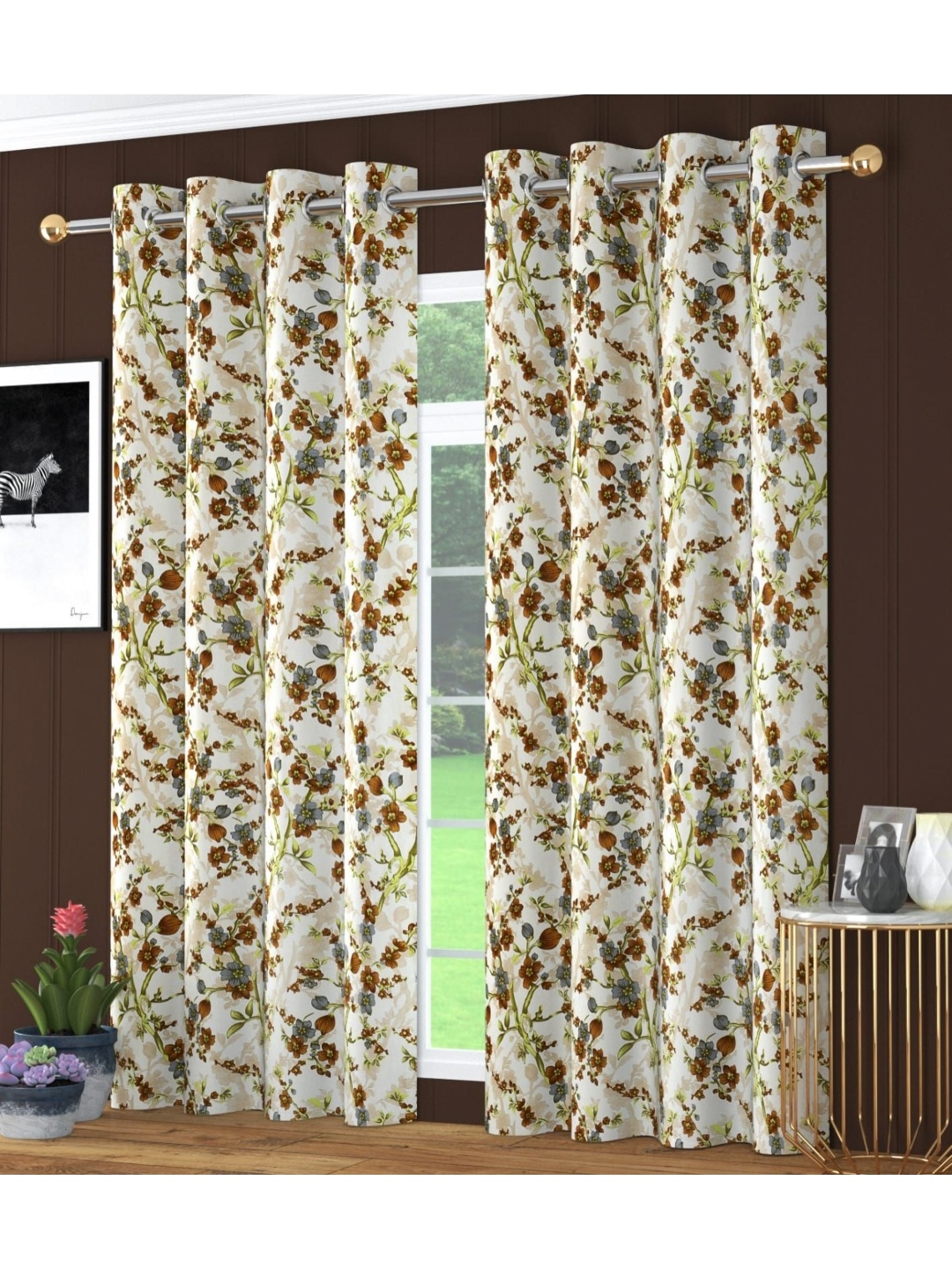 

RIDHAAN White & Green 2 Pieces Floral Printed Room Darkening Long Door Curtains