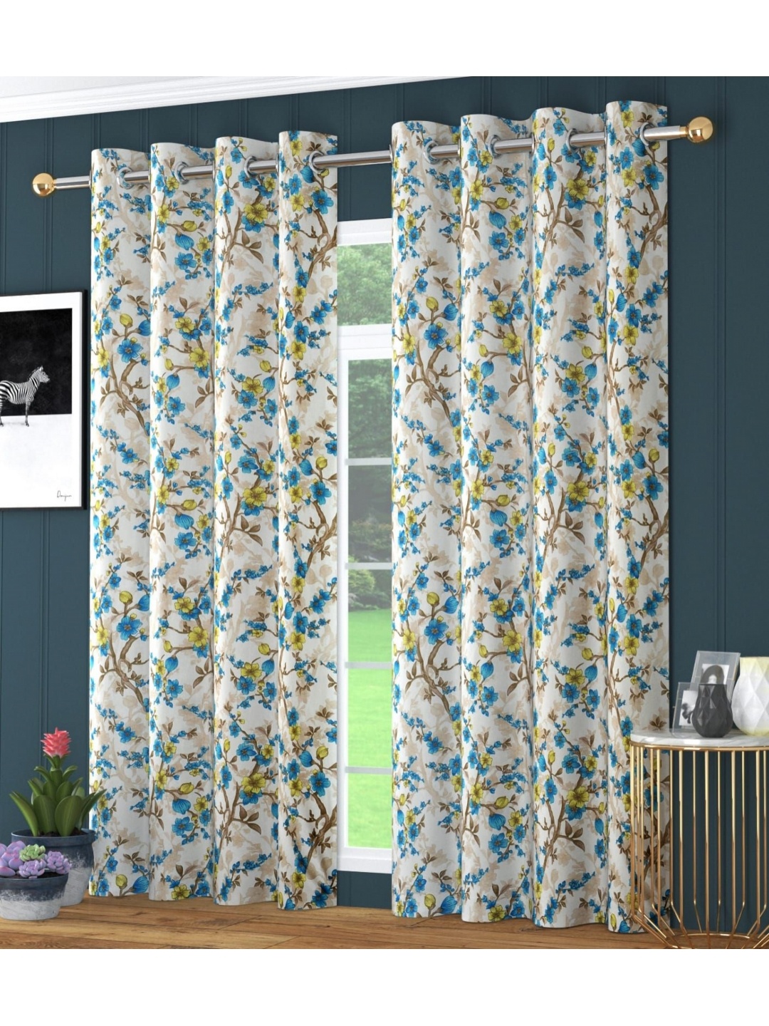 

RIDHAAN Blue & White 2 Pieces Floral Printed Room Darkening Door Curtains