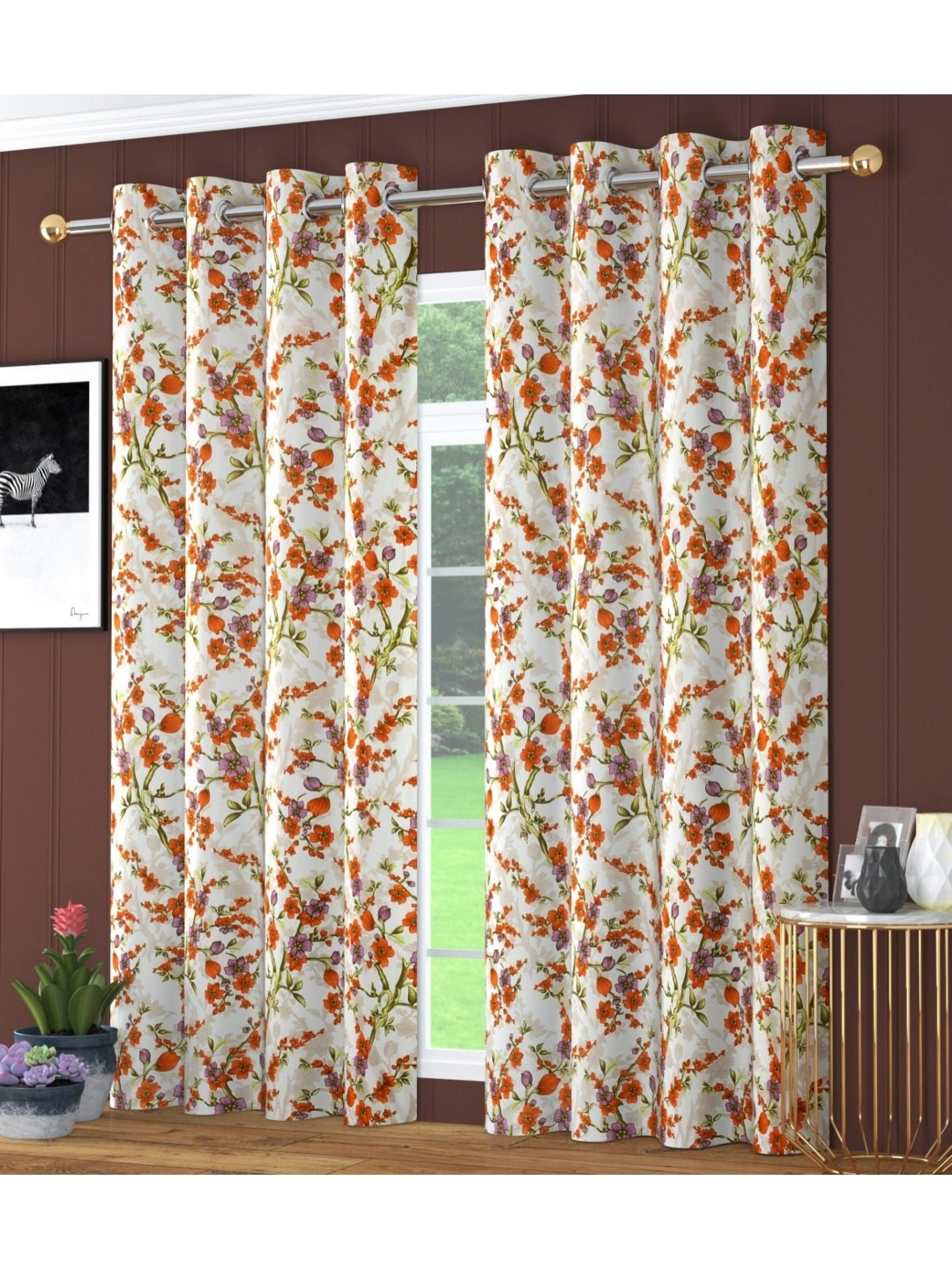 

RIDHAAN Orange & White 2 Pieces Floral Printed Room Darkening Door Curtains