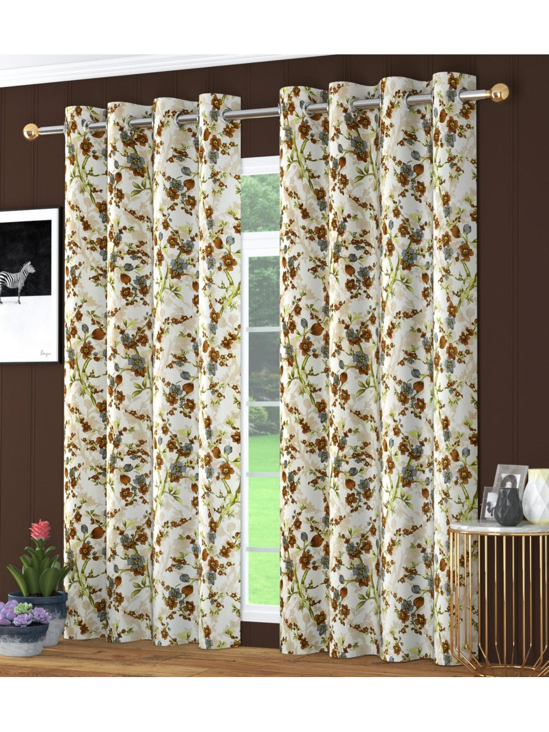 

RIDHAAN Cream & Green 2 Pieces Floral Room Darkening Window Curtain